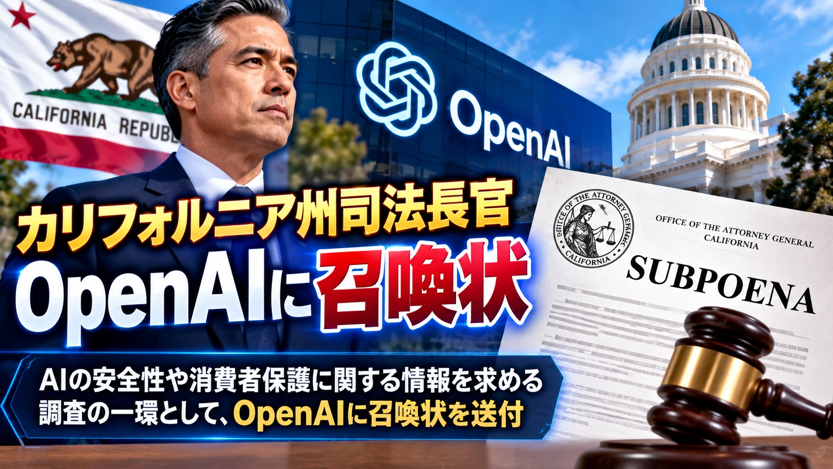 米カリフォルニア州司法長官、OpenAIに調査目的の召喚状を送達