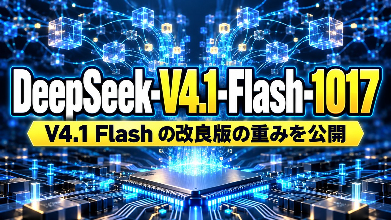 DeepSeek-V4.1-Flash-1017 とは――DeepSeek が2026年10月17日に Hugging Face で重みを公開した、V4.1 Flash の小さな改良版。推論やコーディングの試験の数字が上がり、作業の時間と出力の長さも短くなったと説明（MIT ライセンス）