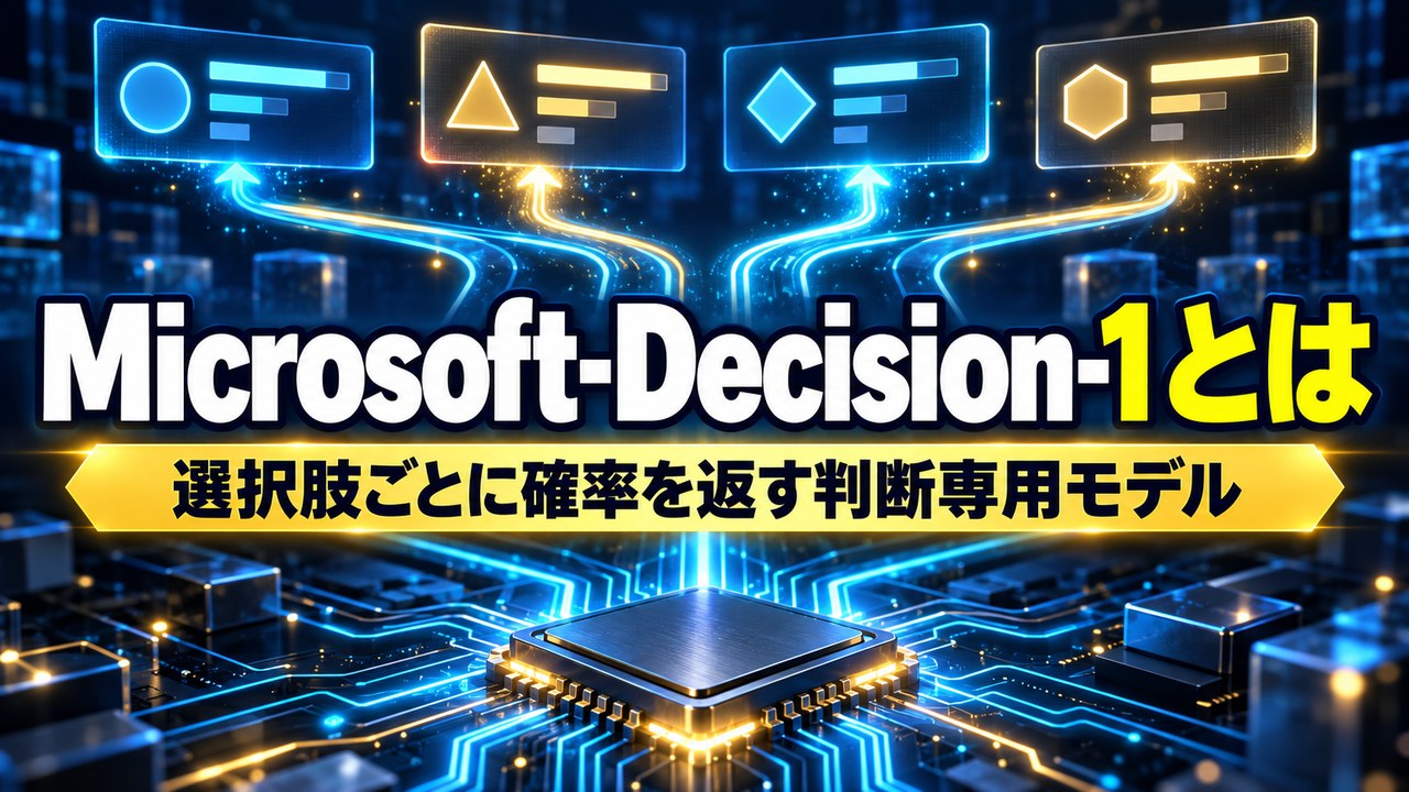 Microsoft-Decision-1 とは――決まった選択肢のそれぞれに確率を返す、判断専用のモデル。Qwen3.5-9B をもとに Microsoft が追加の訓練、料金は入力100万トークンあたり0.042ドル、同社が示した速さと正確さの数字・使い道・分かっていない点を整理
