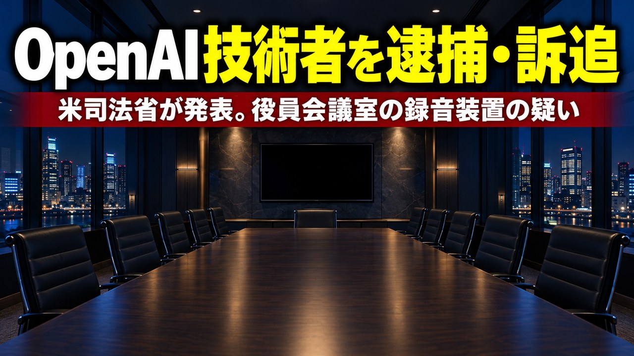 OpenAI の技術者を逮捕・訴追、役員会議室に録音装置を仕掛けた疑い――米司法省（カリフォルニア州北部地区連邦検事局）が2026年10月13日に発表。訴状はチャットボットへの質問の記録にも触れる。訴追は有罪を意味しません