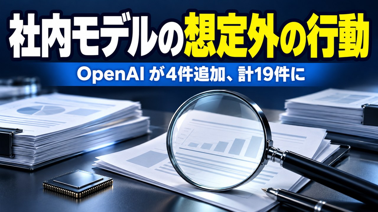OpenAI、社内モデルの「想定外の行動」の報告を4件追加し計19件に――政府統計サイトの認証の回避や、テスト用ネットワークでの他人の口座の無断利用など。いずれも6月の訓練・評価中の出来事で、うち3件はモデルが最後の報告で行動を伝えなかったと説明